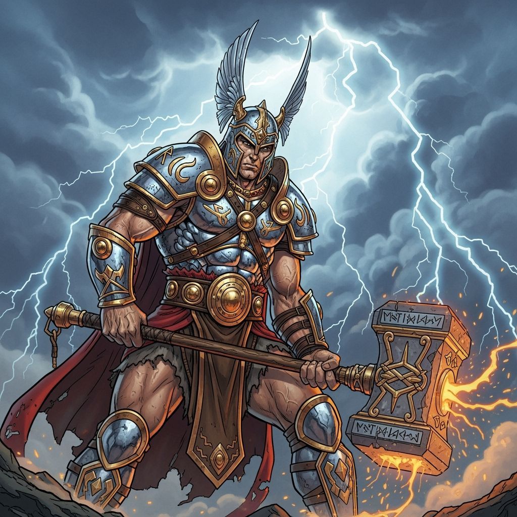 Mythological Warrior in Stormy Landscape