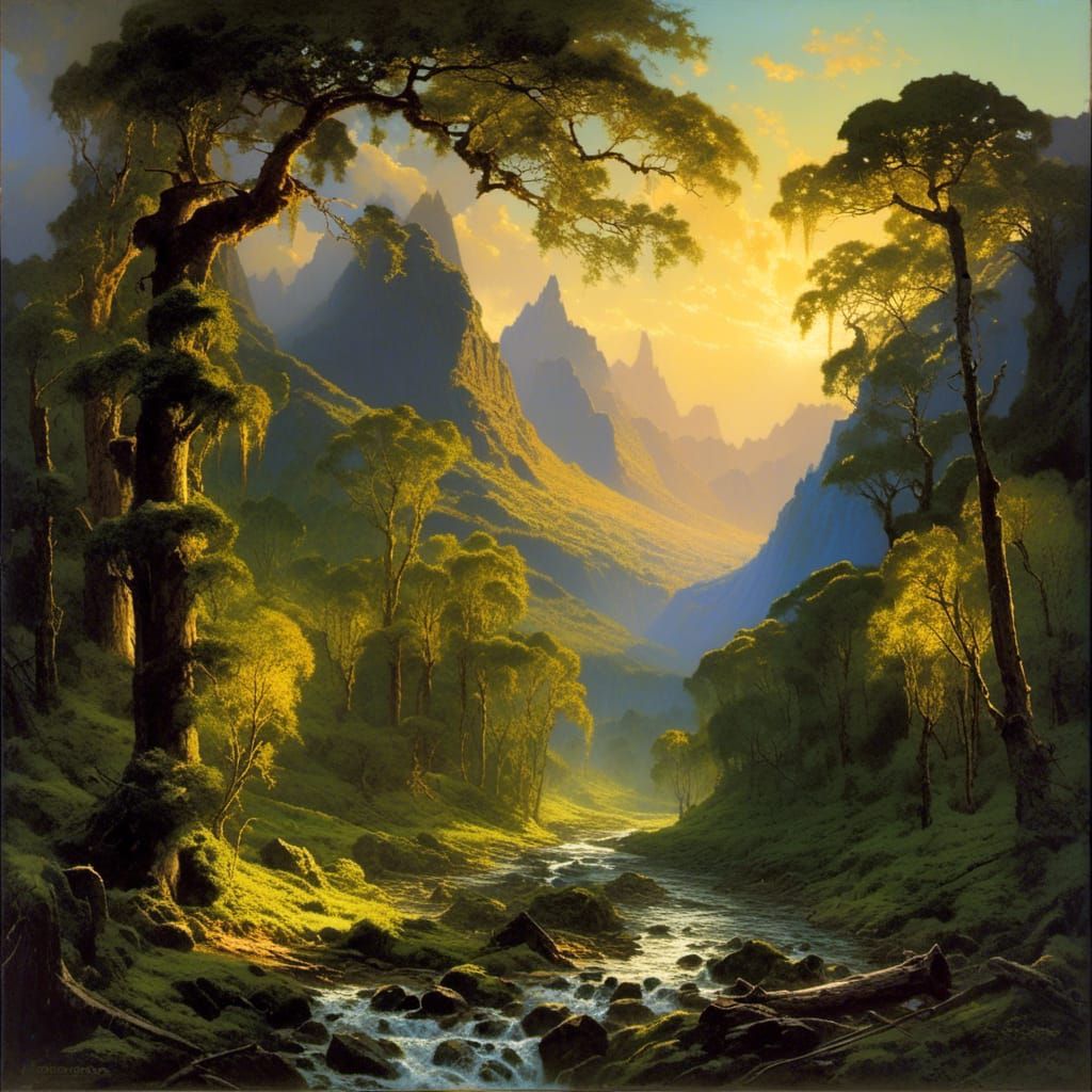 Ossiriand's Seven Rivers: A Sunrise Oil Painting