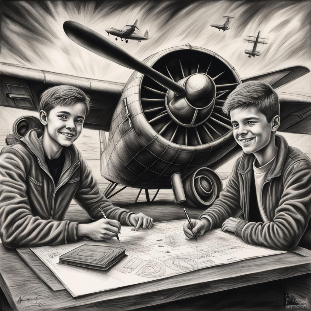 Teens Play Aviator: Detailed Charcoal Desktop Drawing