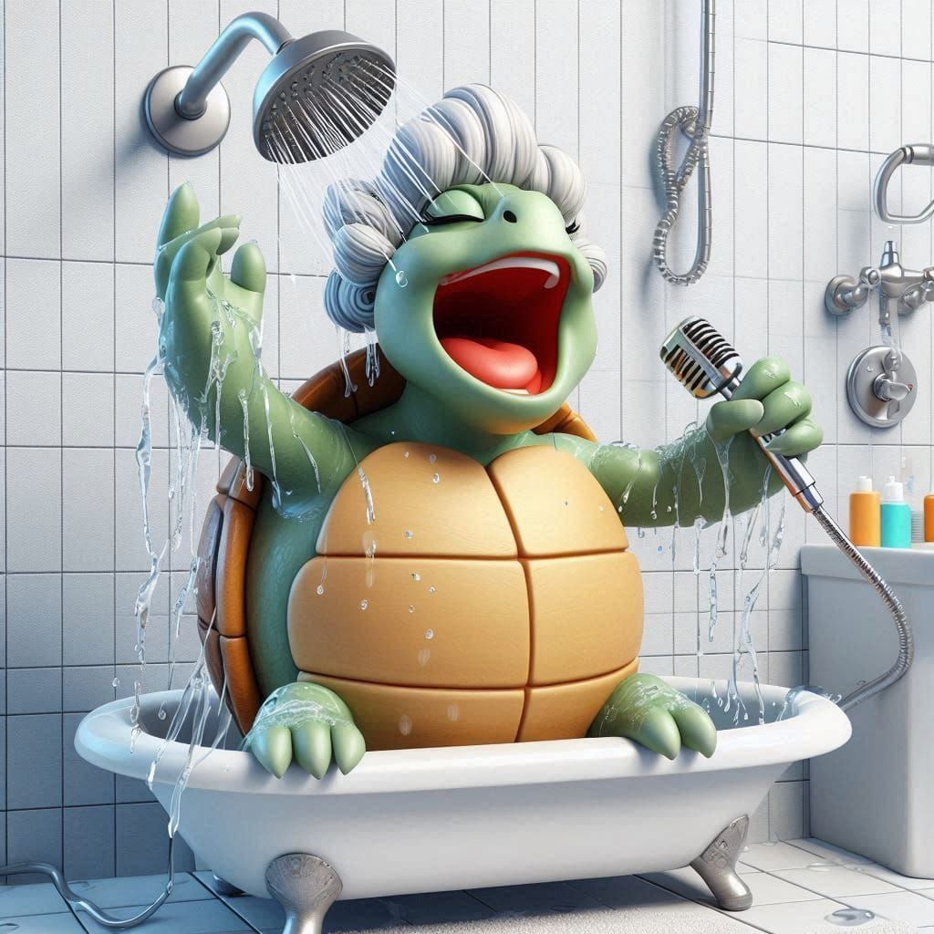 Comical Turtle Diva Singing in Bathtub