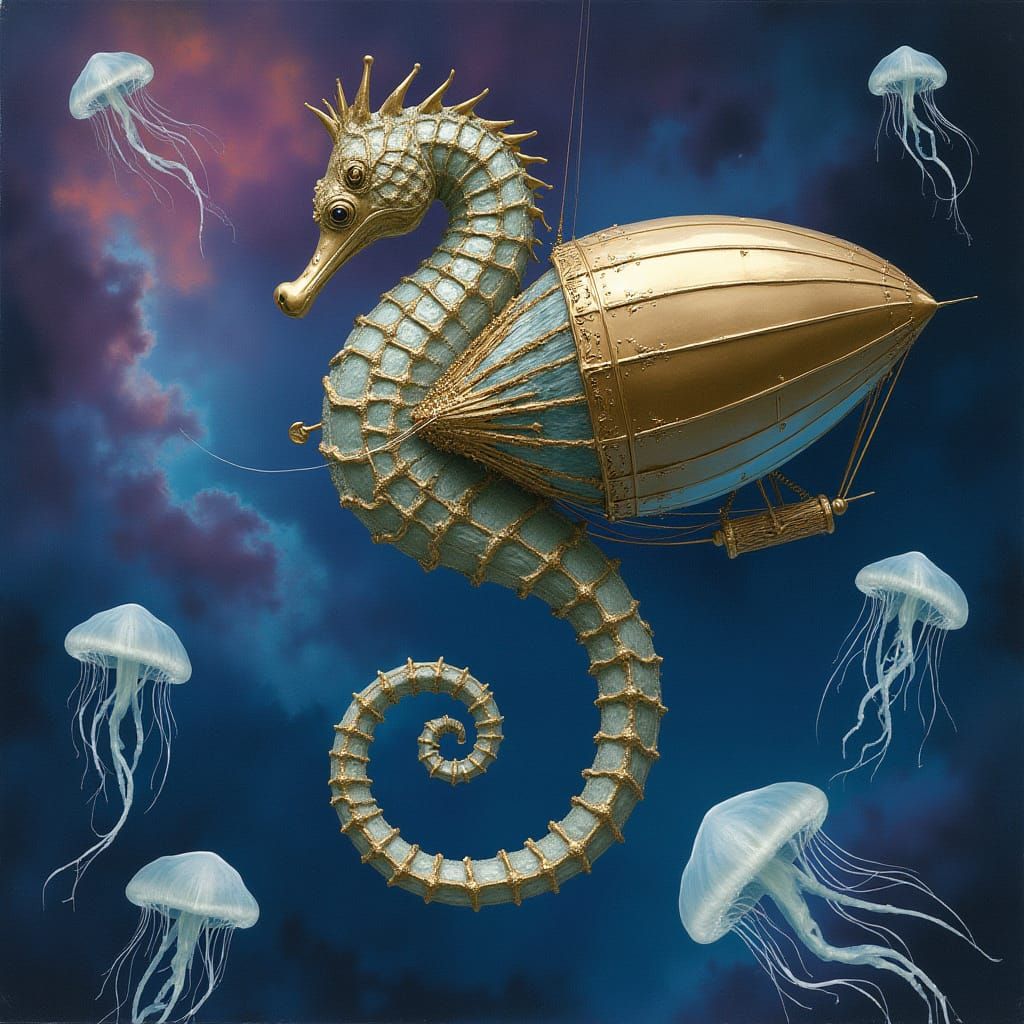 Steampunk Seahorse Zeppelin Glides Through Nebula