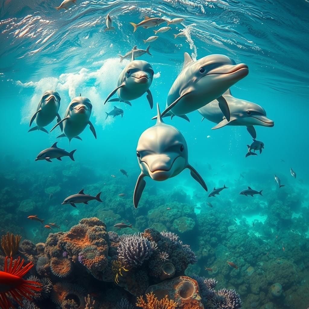 Vibrant Coral Reef Scene with Dolphins