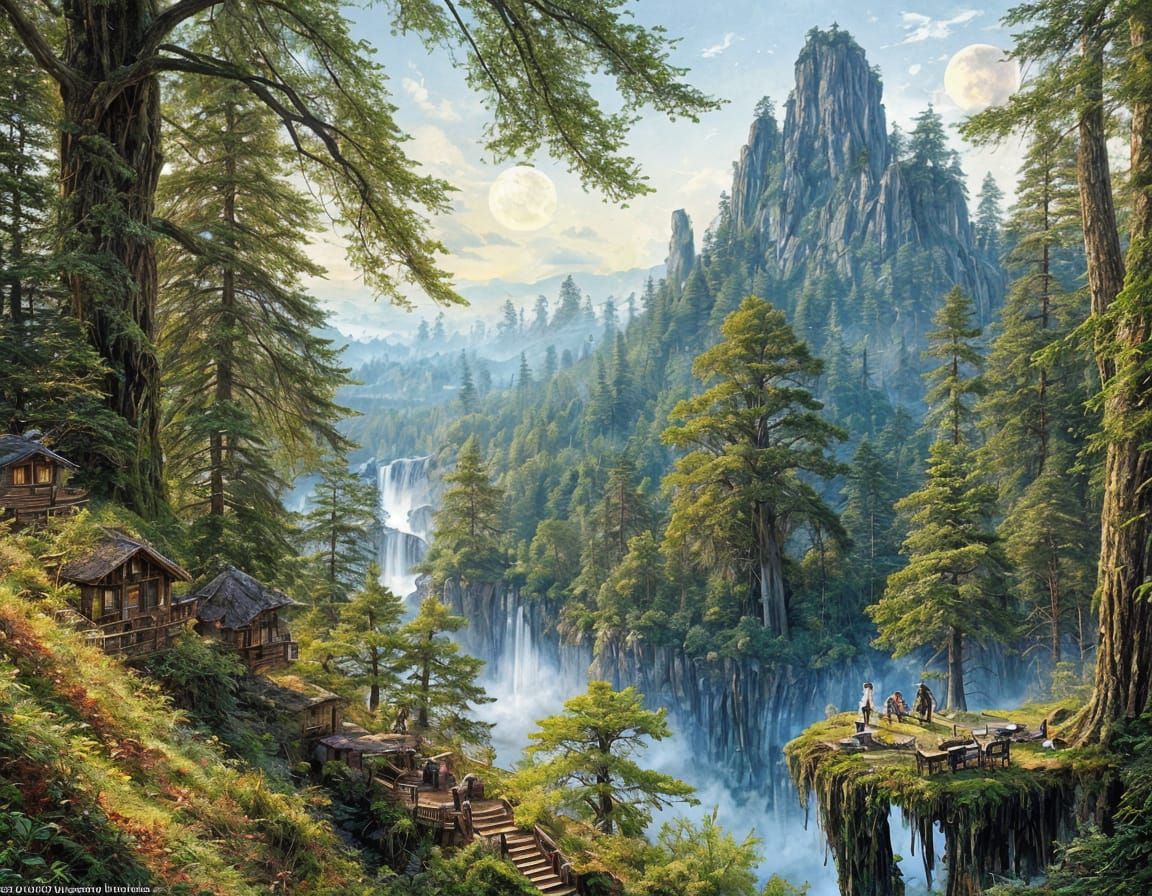 Ewok Cliff Village in a Whimsical Oil Painting
