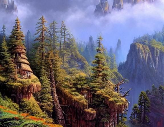 Ewok Cliff Village in a Vibrant Oil Painting