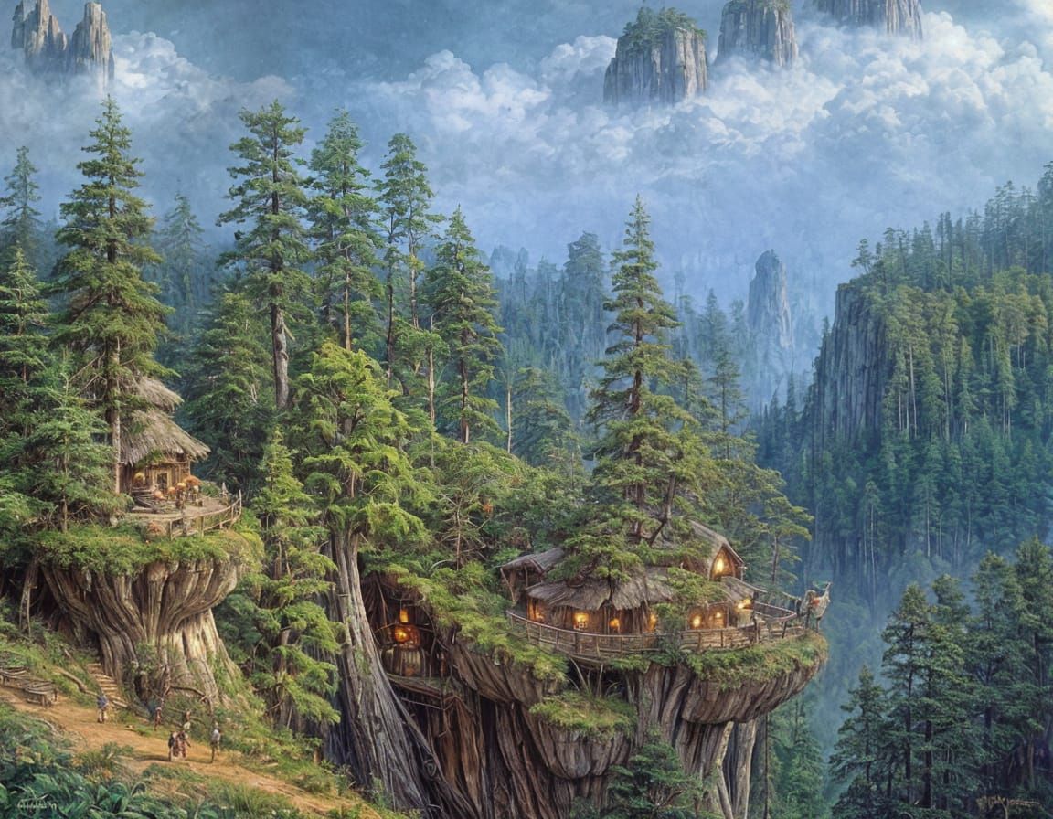 Ewok Cliff Village in Impressionist Oil Painting Style