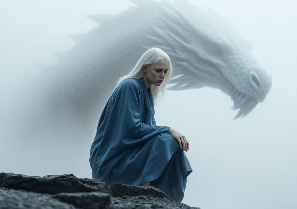 Melancholy Woman and Dragon in Fog