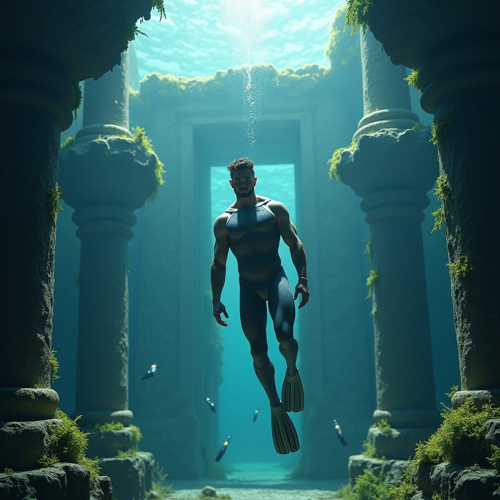 Freediver Explores Underwater Temple Ruins in Matte Painting...