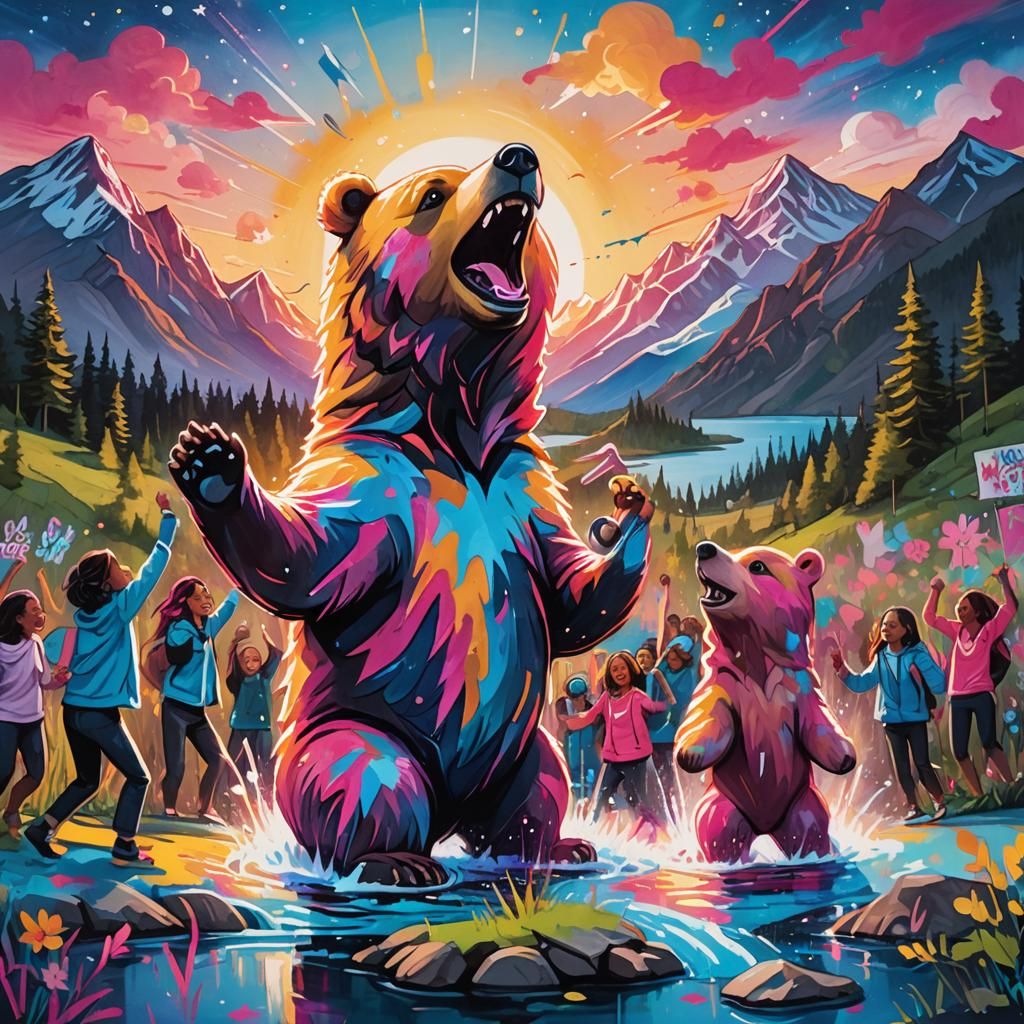 Graffiti Bear with Dancing Kids at Sunset
