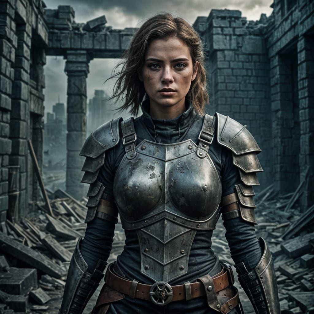 Dystopian Female Warrior in Ruins: A Sci-Fi Digital Painting