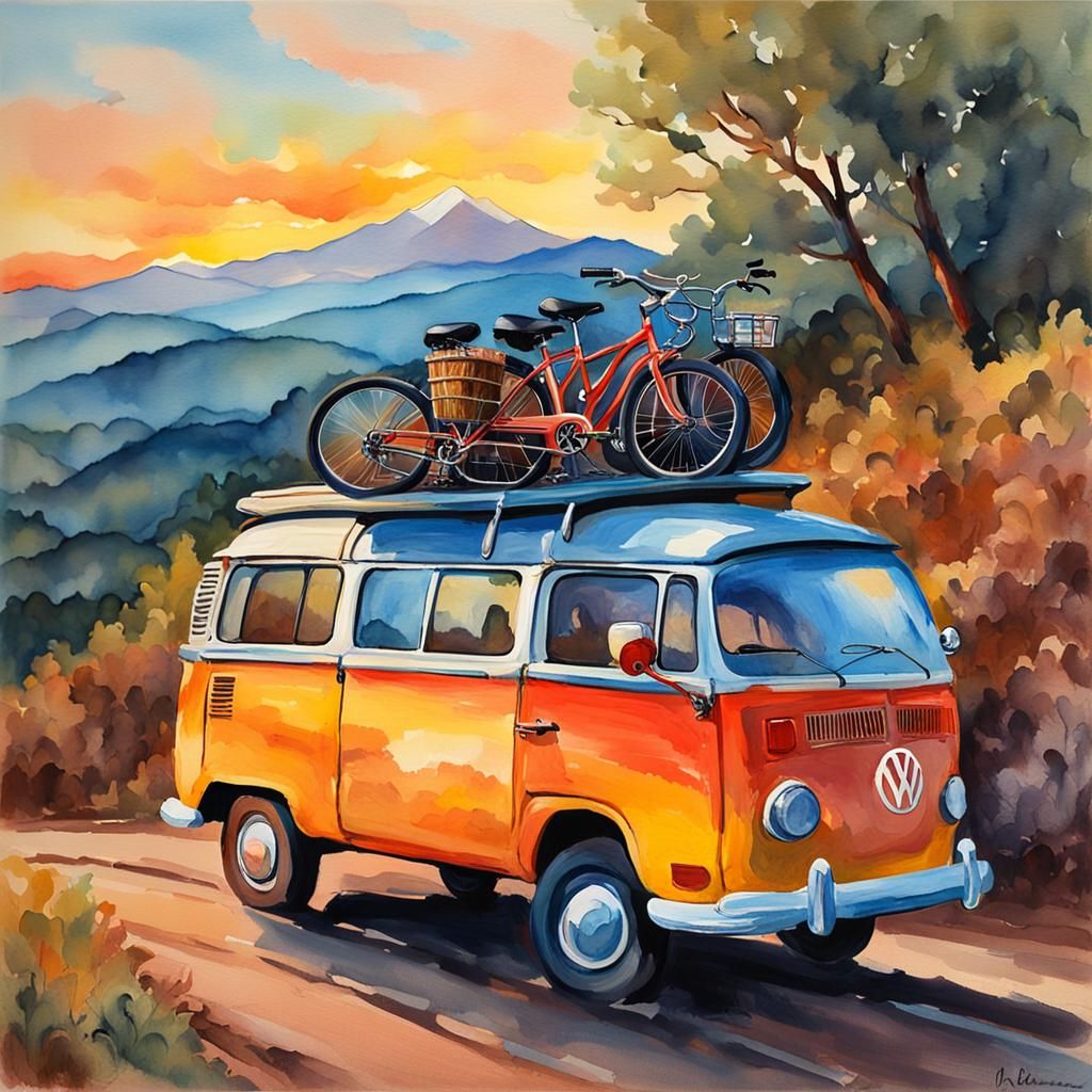Volkswagen Vans at Sunset: Impressionist Gouache Landscape