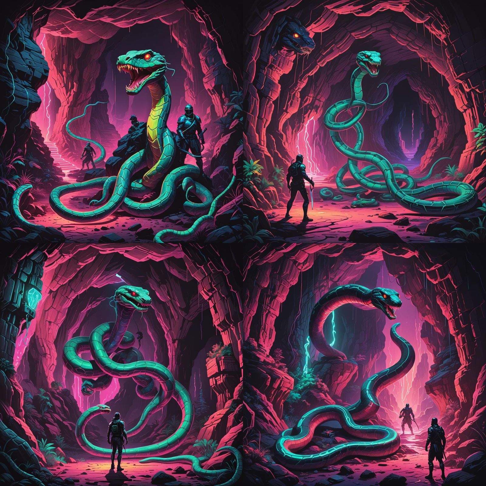 Bioluminescent Snake Hunts Knight: Synthwave Neon Retro