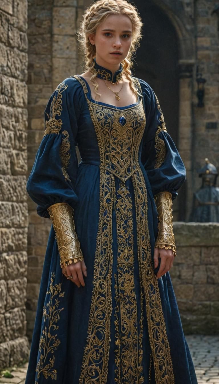 Medieval Warrior Lady in Blue and Gold Armor