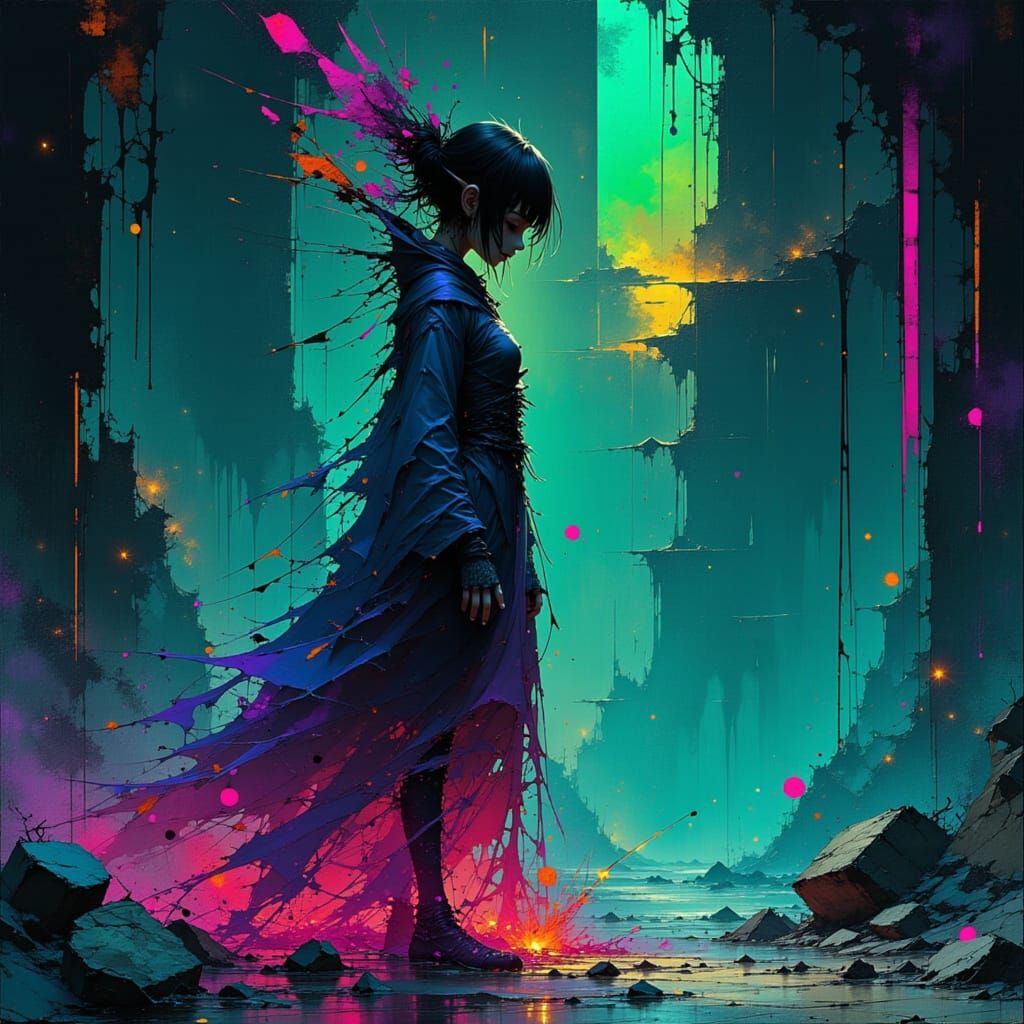 Ethereal Fae in Glitched Glass Realm: Neon Noir Art