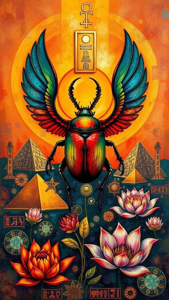 Vibrant scarab beetle, wings spread wide, amidst swirling Egyptian hieroglyphics, pyramids, and mystical lotus flowers, ...