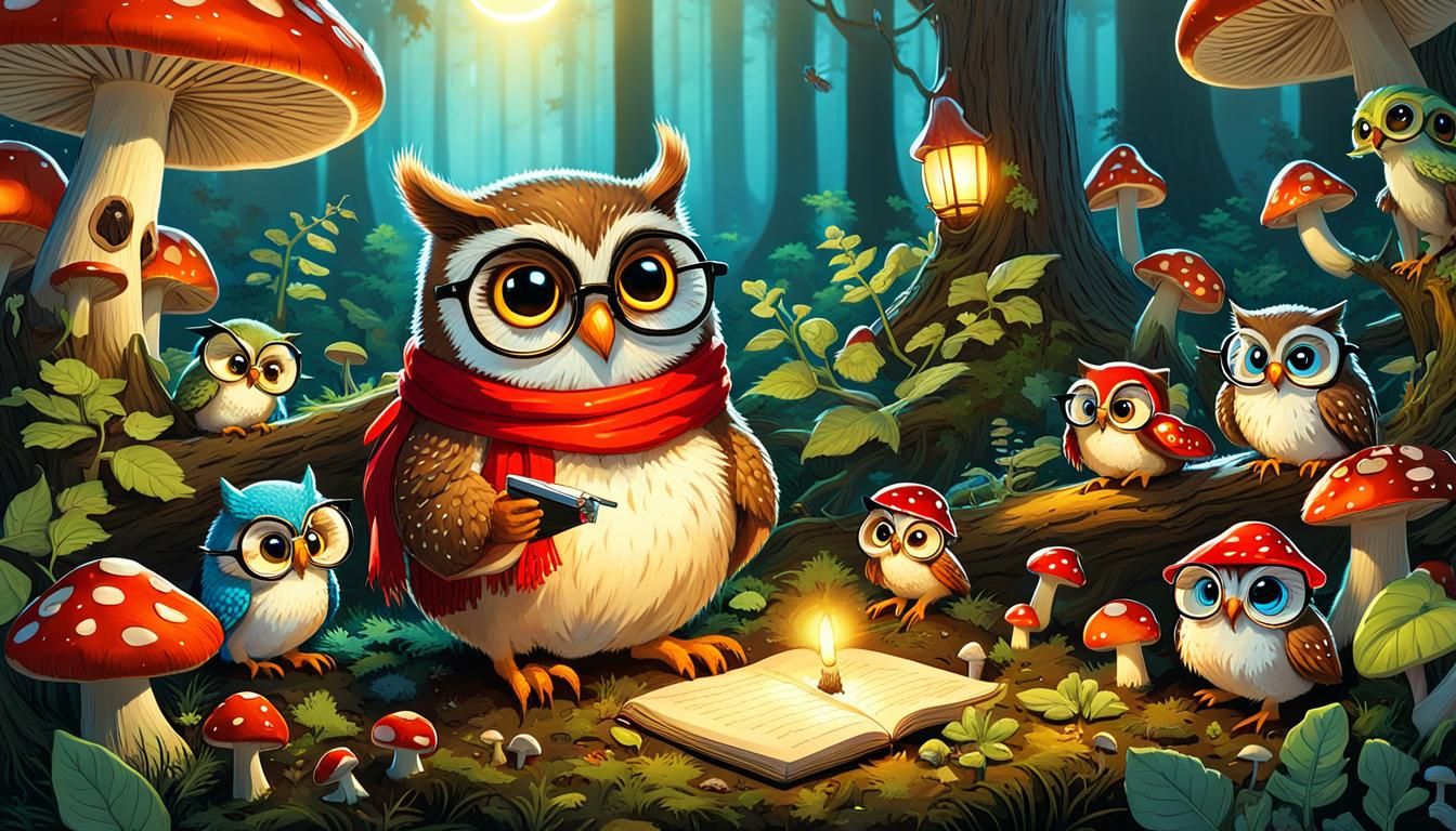 Cartoon Owl Lecture with Caterpillar Student