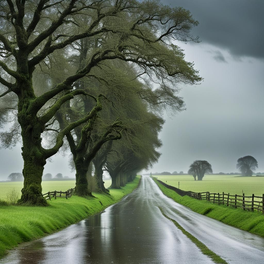 Rainy Country Lane with Puddles