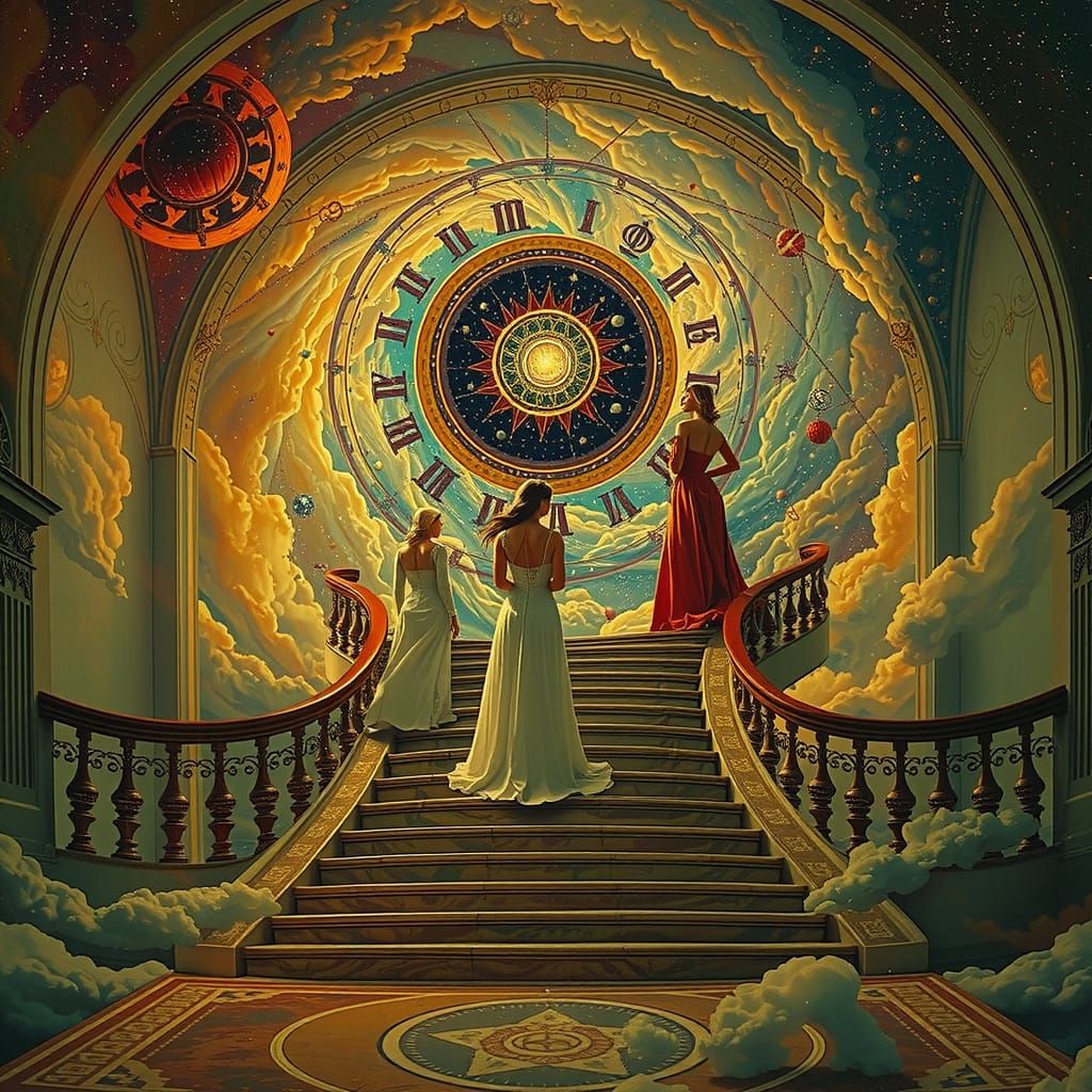 Elegant Women Ascend Celestial Staircase in Hyperrealistic A...