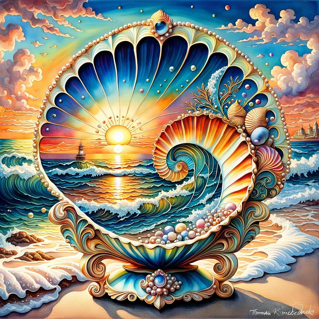 Ornate Seashell Sunset Scene in Watercolor Style