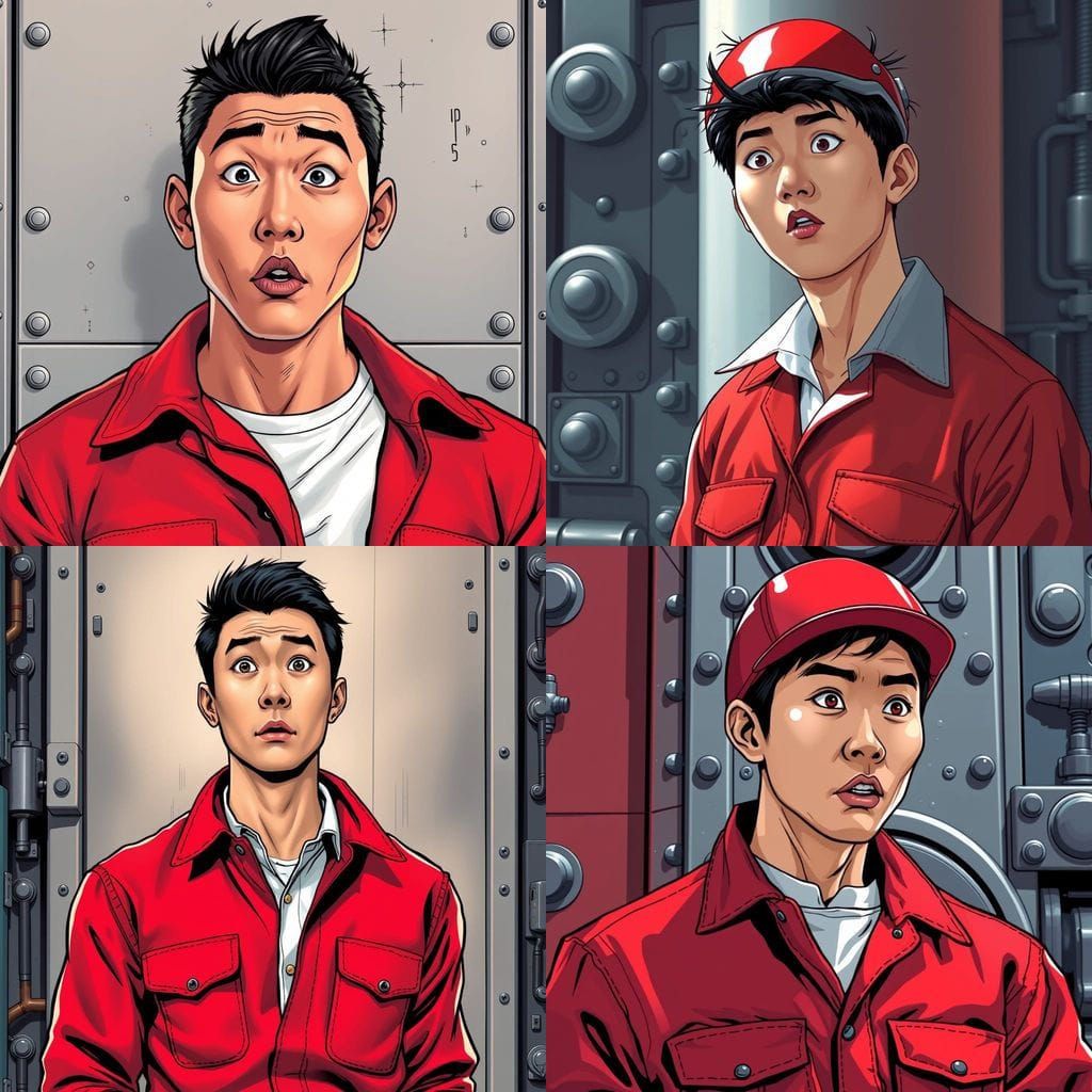 Surprised Asian Man in Red Jumpsuit, Comic Book Art