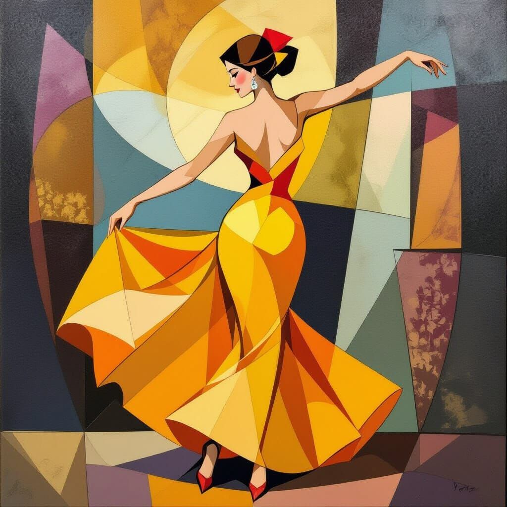 Cubist Woman Dancing Tango in Yellow Dress
