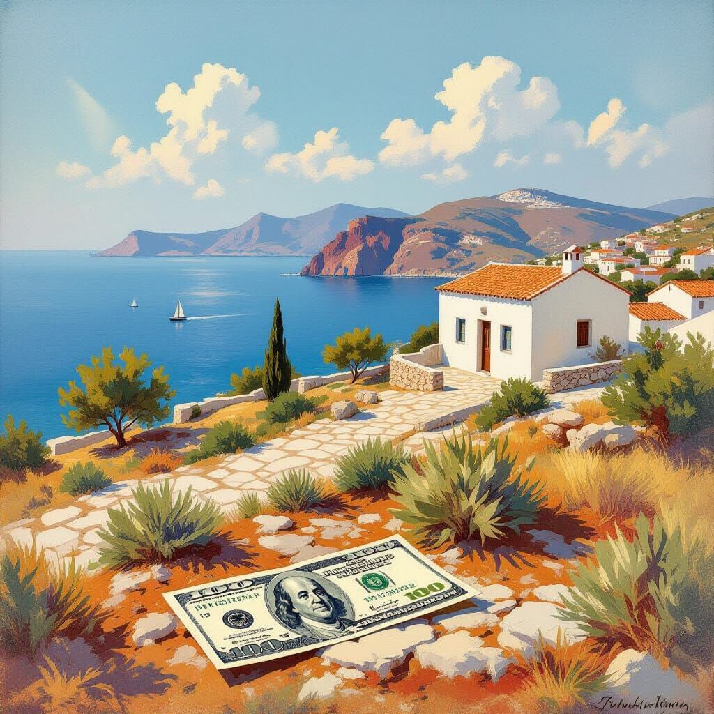Greek Island Serenity: 500 Euro Note on Antikythera Landscap...