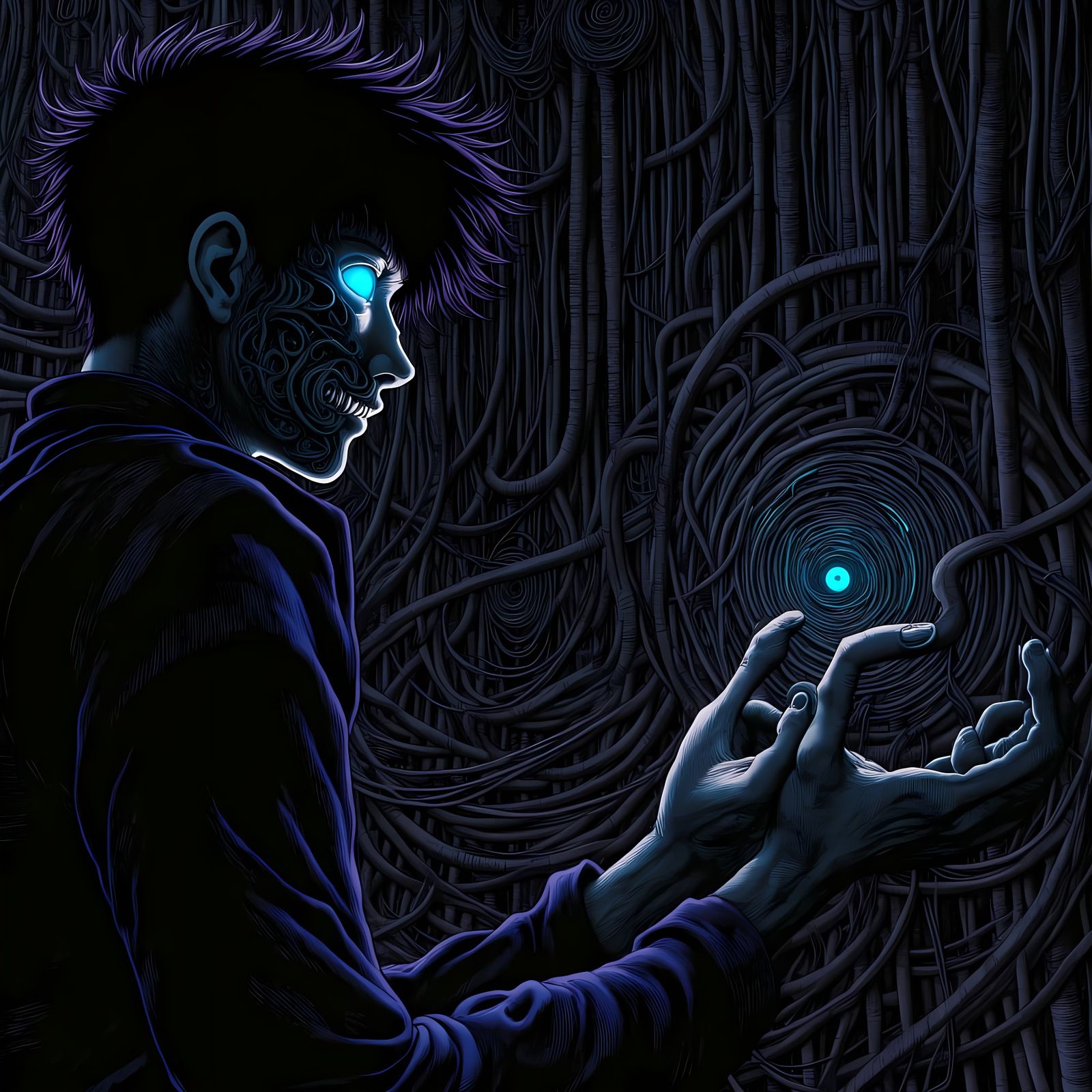 Android Reaching into Terminal in Dark Fantasy Anime Style