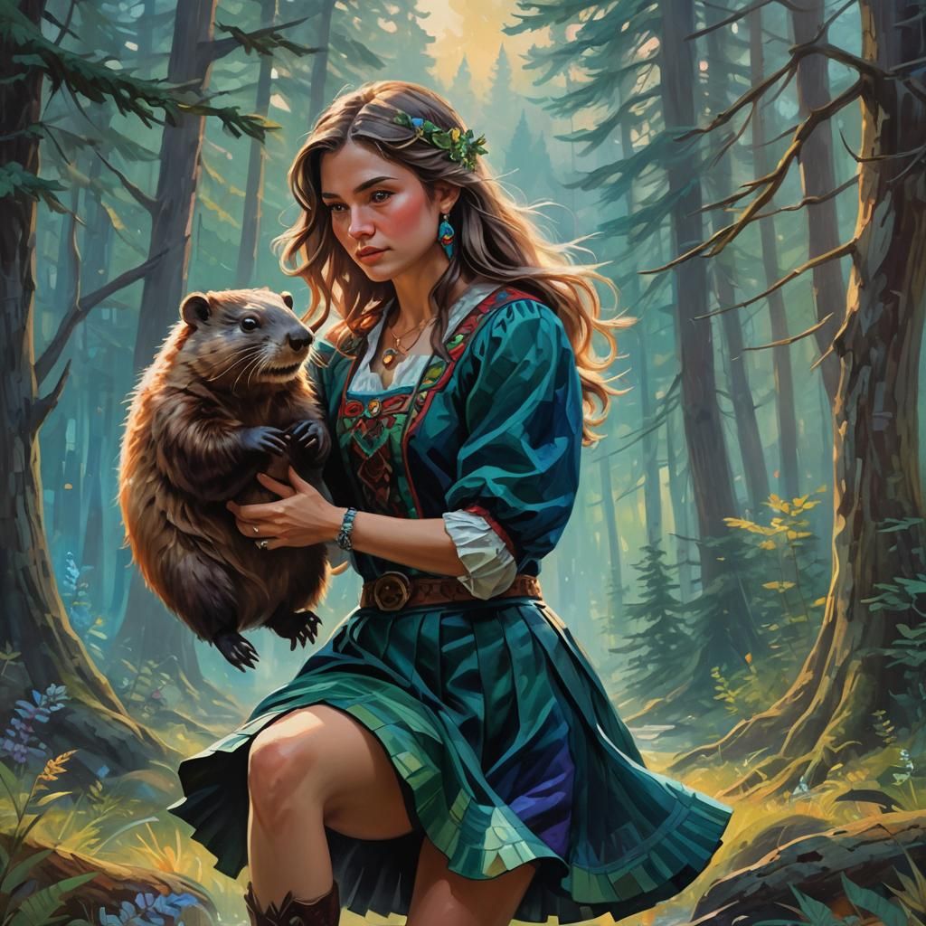 Woman Holding Beaver: Fantasy Oil Painting