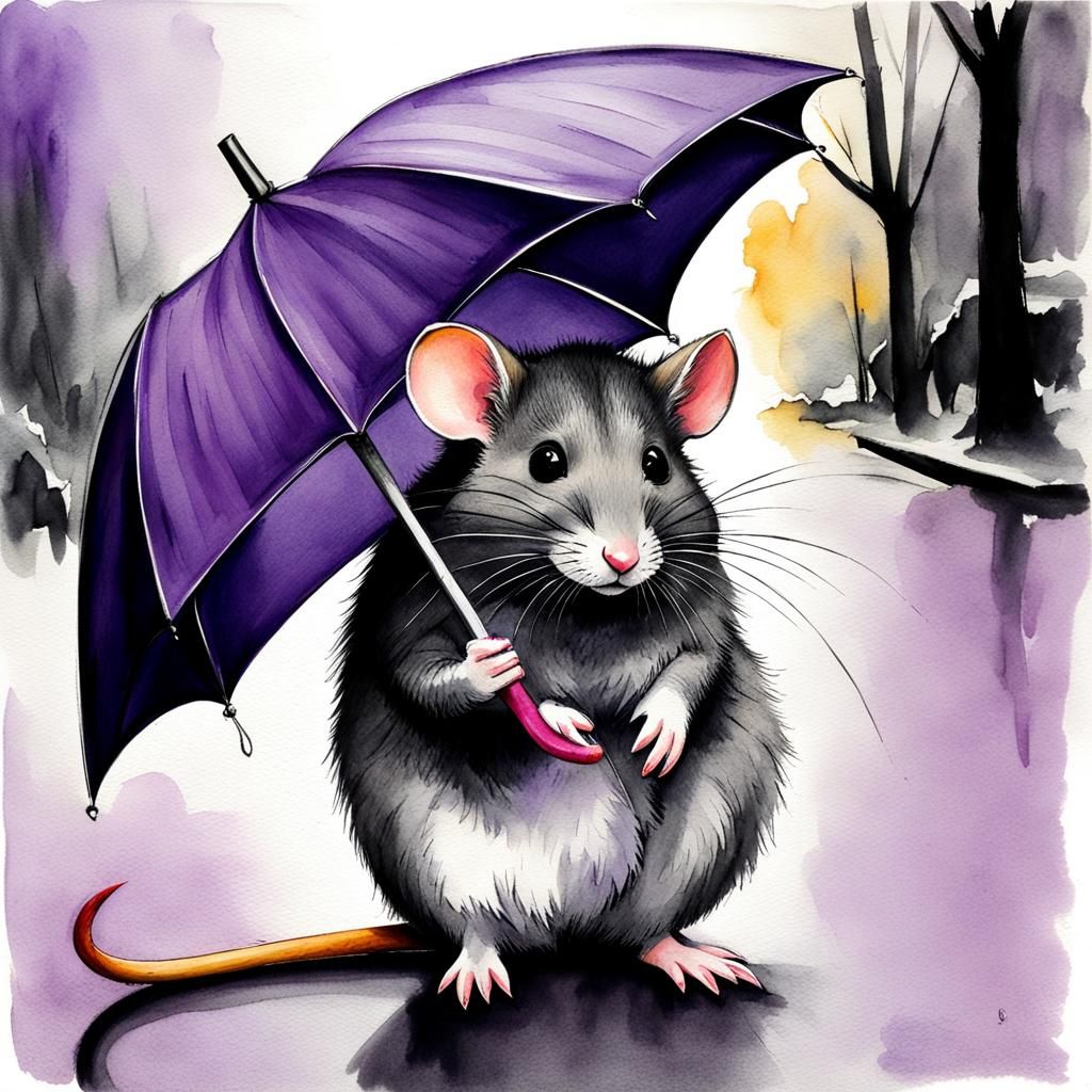 Color Splash Art purple umbrella held by street mouse