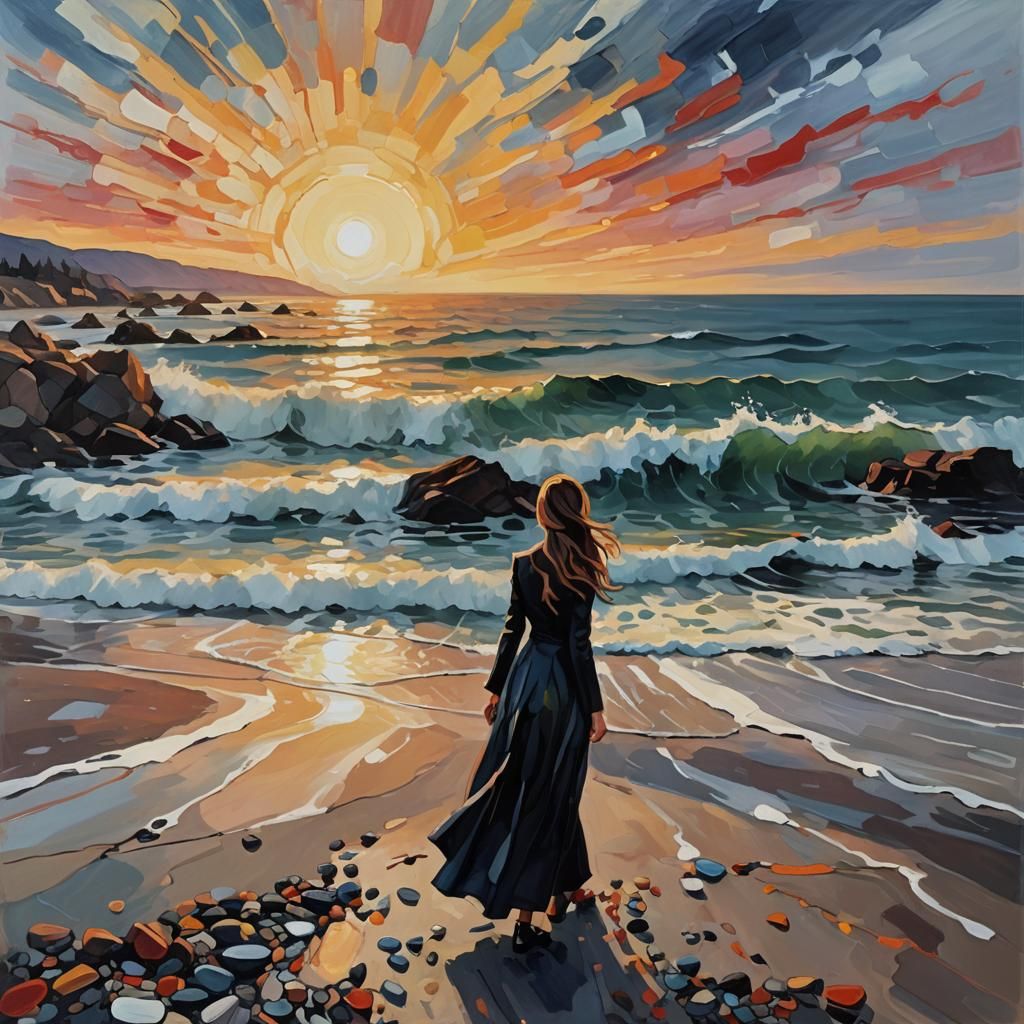 Expressionist Painting: Lonely Woman by the Sea