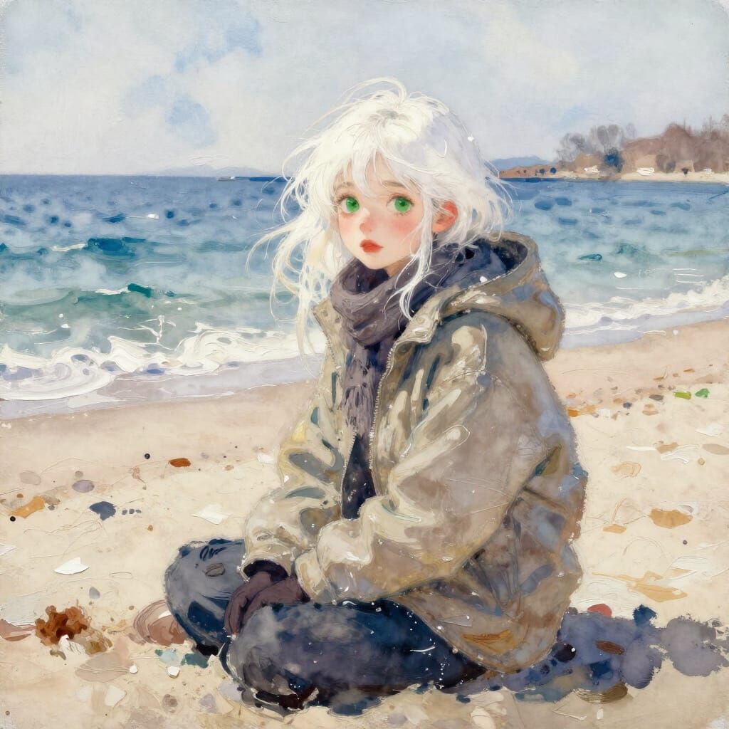 Winter Beach Scene with Woman in Watercolor Style