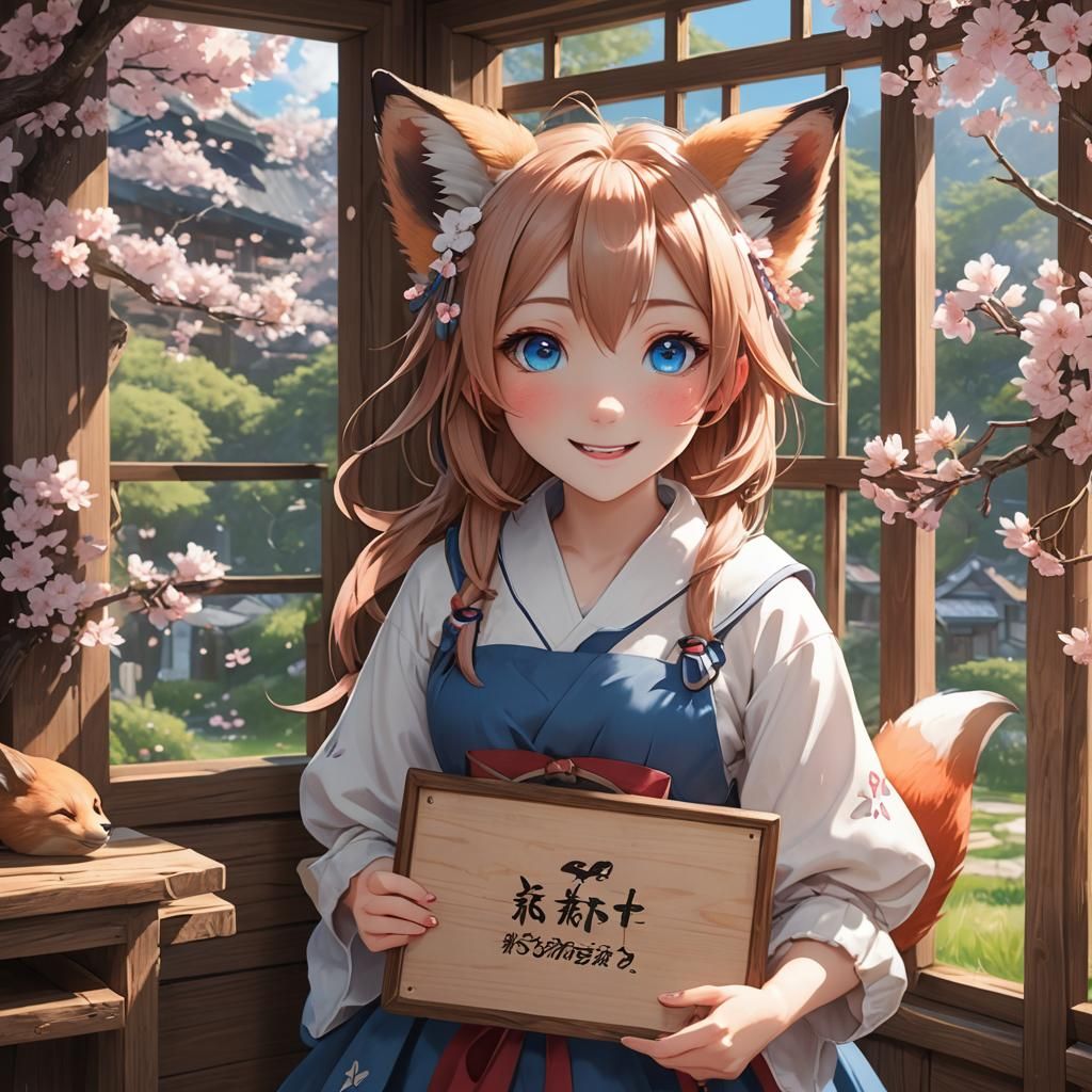 Anime Girl with Fox Features Holding Sign