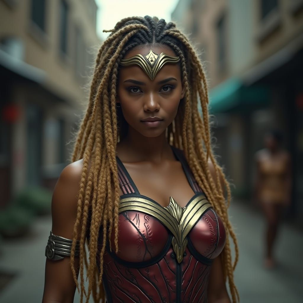 Hyper Realistic Wonder Woman with Braided Locs in Urban Grit