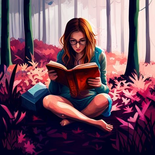 Girl Reading Book in Woods: Graffiti Splash Art
