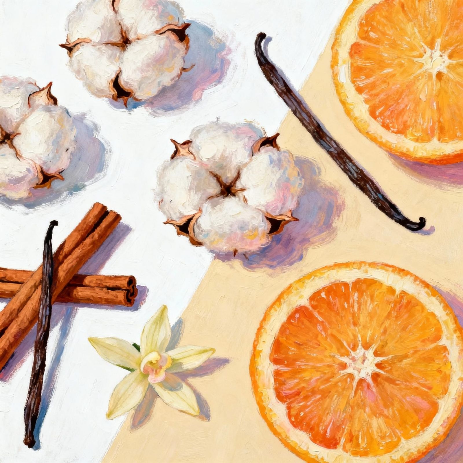 Pastel Cotton Flowers with Cinnamon and Orange Slices Oil Pa...