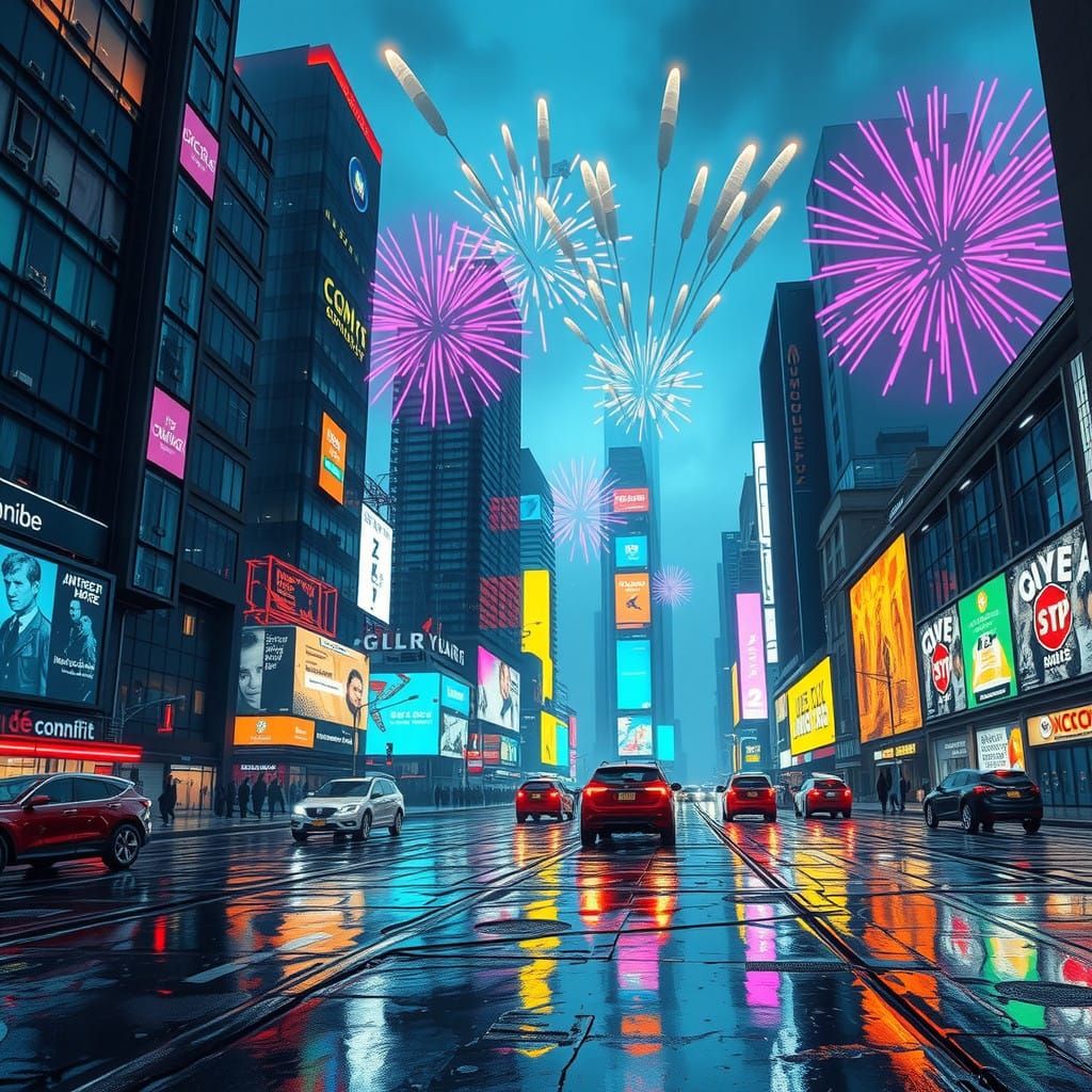 Cyberpunk Cityscape on New Year's Eve