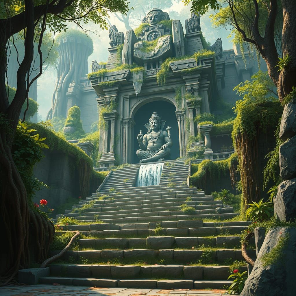 Jungle Temple Ruins in Overgrown Landscape
