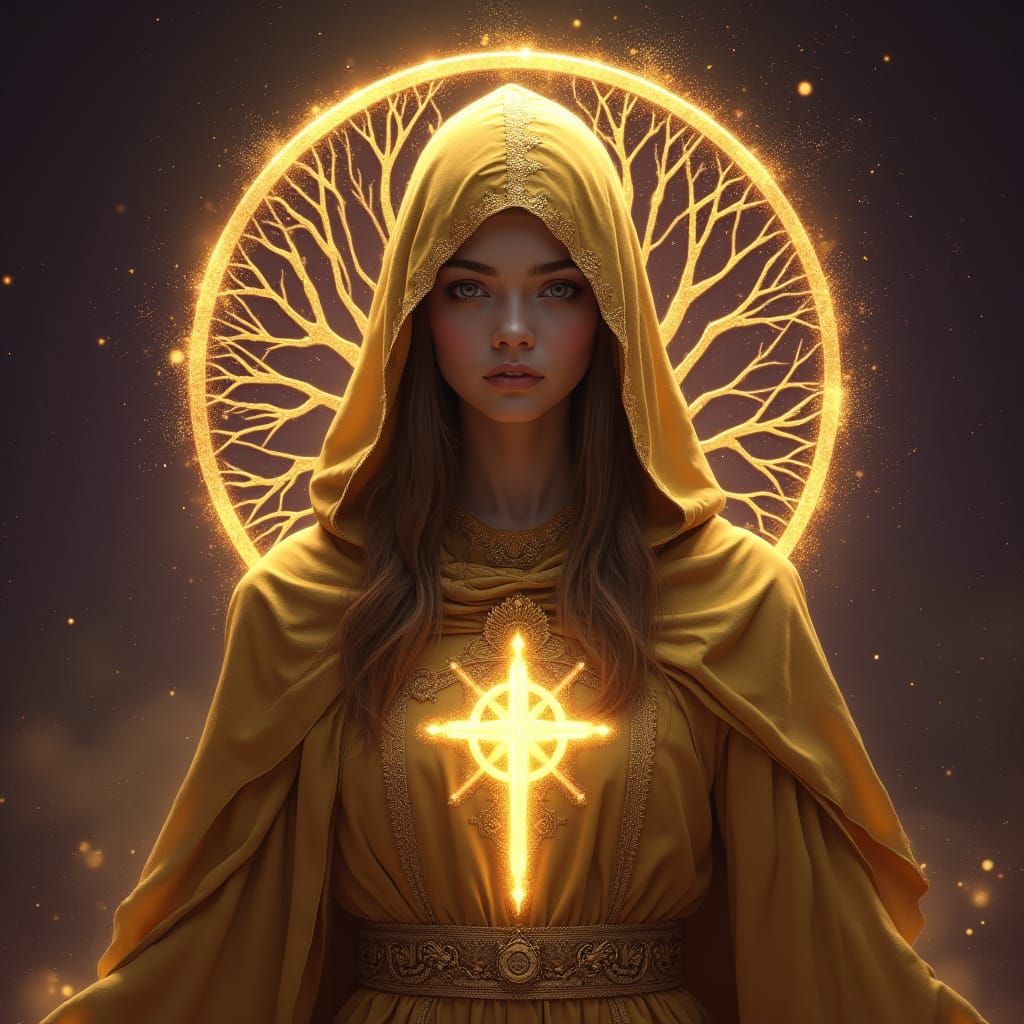 Golden Celestial Priestess with Tree of Life
