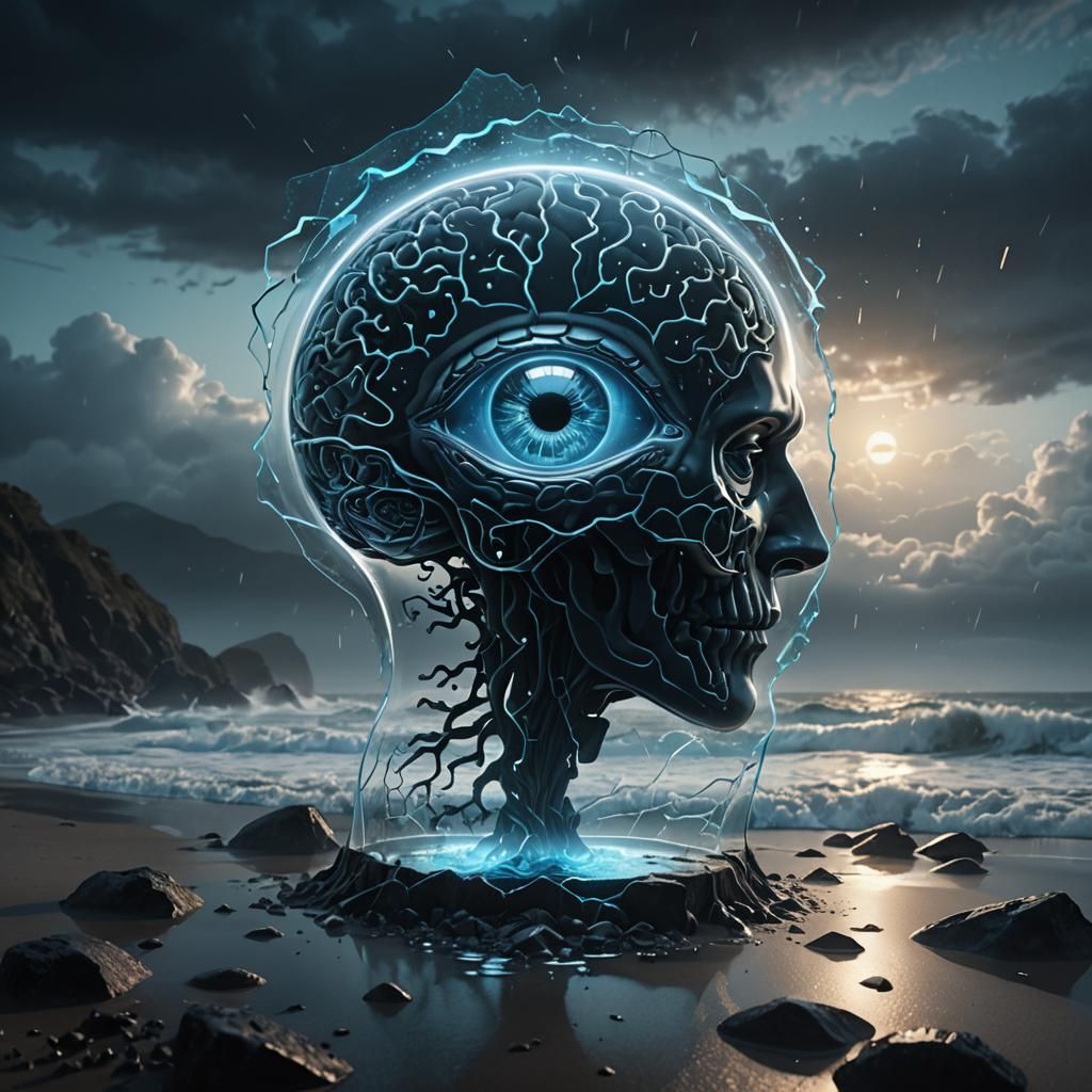 Glass A with Brain in Surreal Dark Fantasy