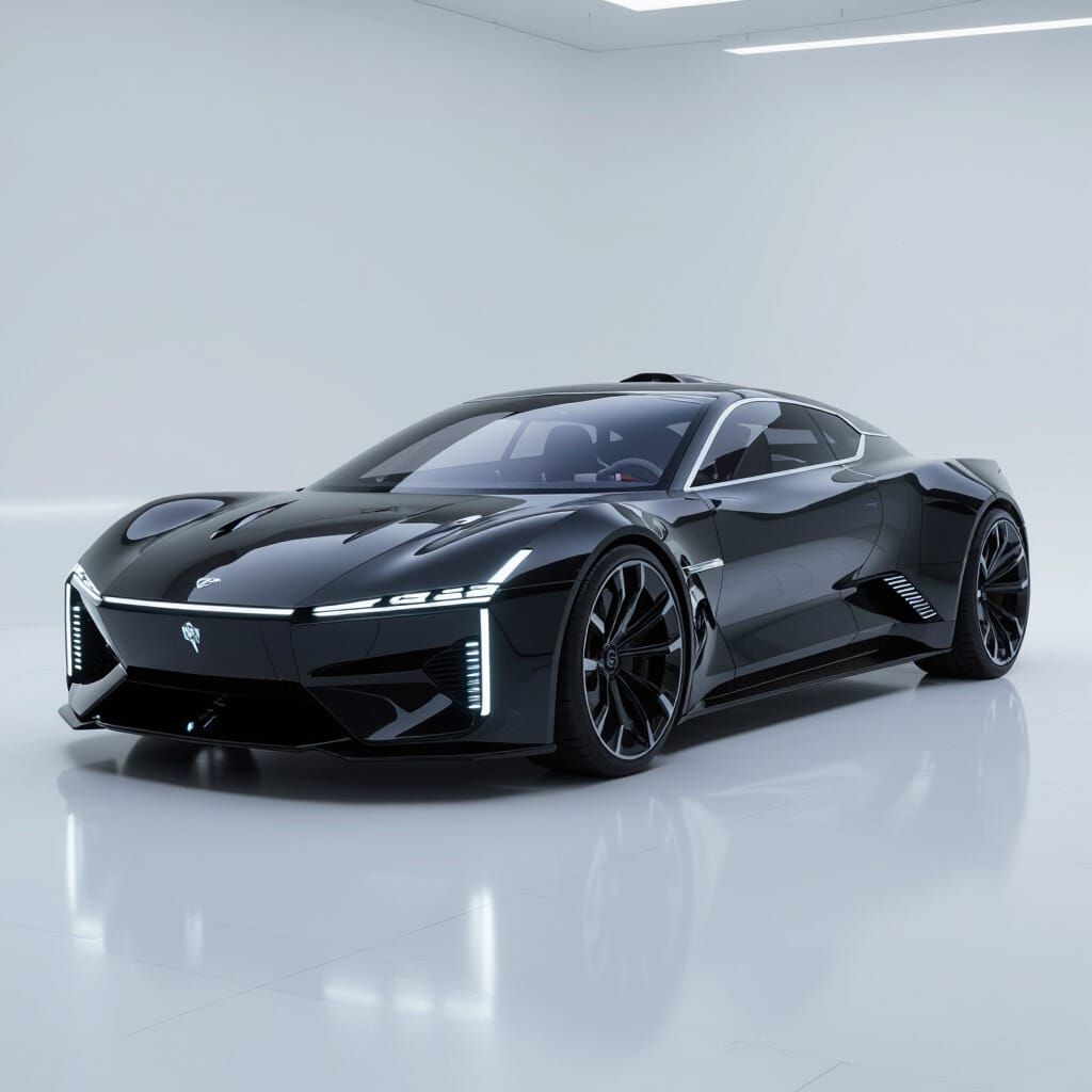 Futuristic Black Car with Holographic Display, Syd Mead Insp...