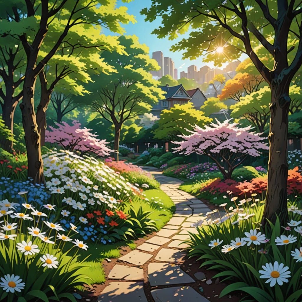 Vibrant Garden Scene in Flat Manga Scan Style