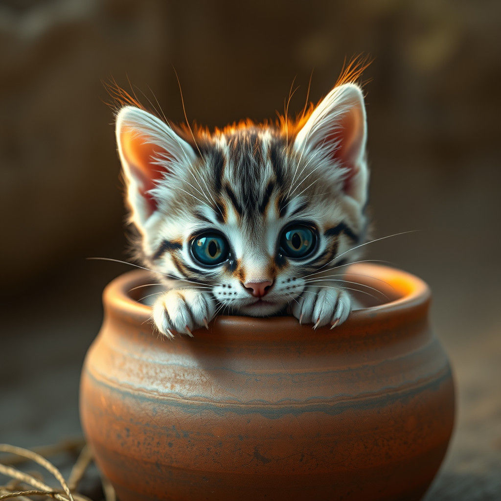 Striped Kitten Peeks Out of Earthenware Pot