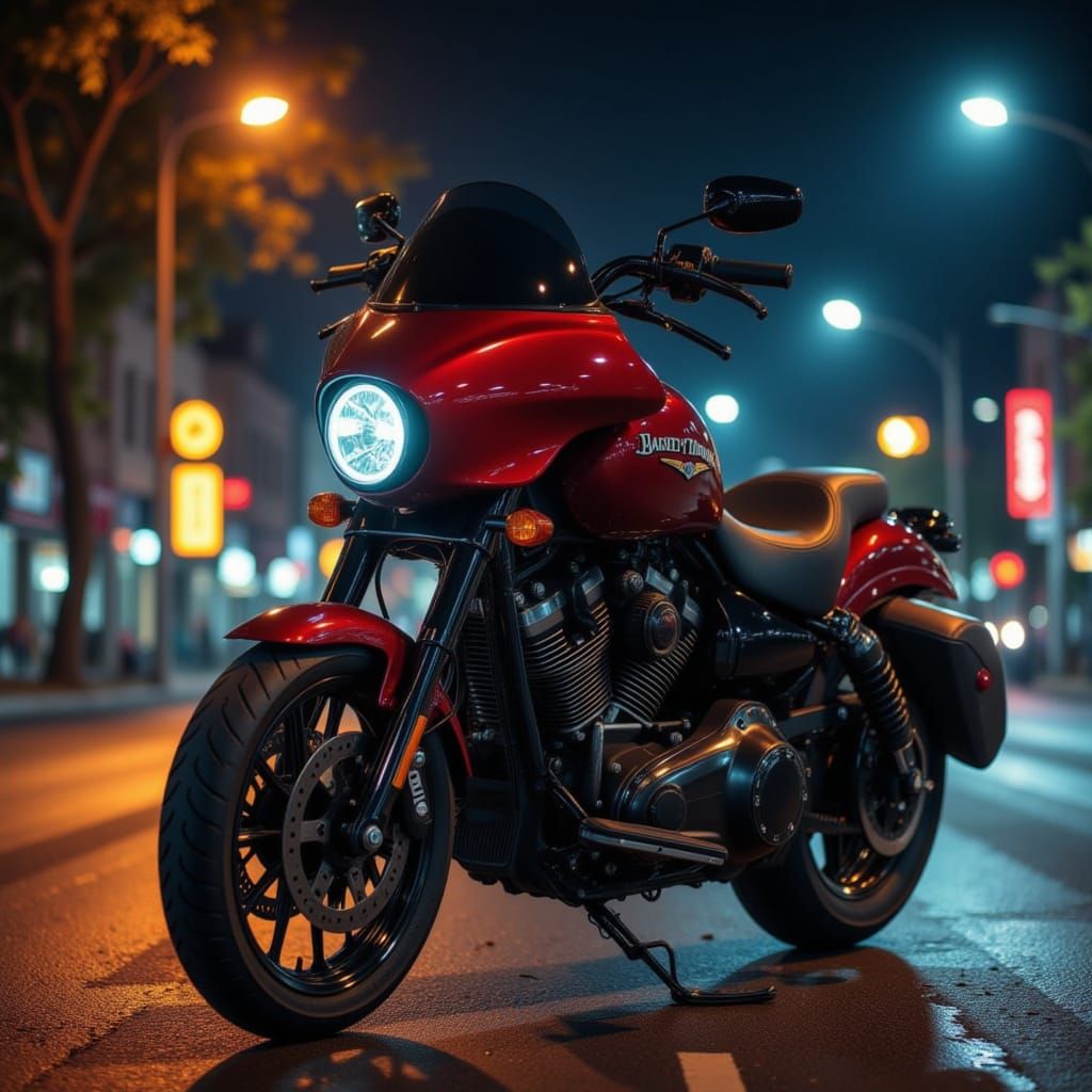 Shiny Red and Black Motorcycle Under Streetlights
