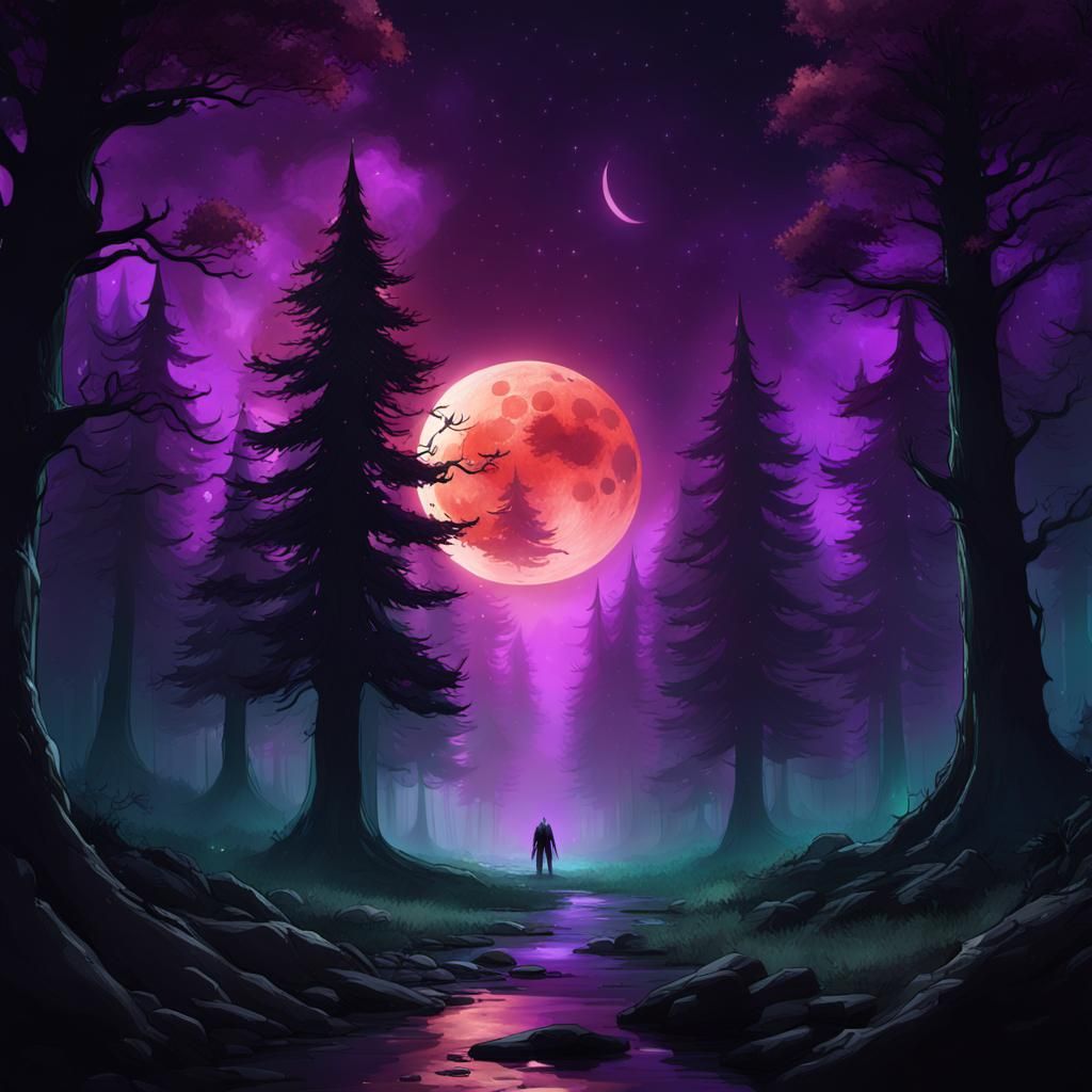 Eerie Entity in Purple Forest: Dark Fantasy Art