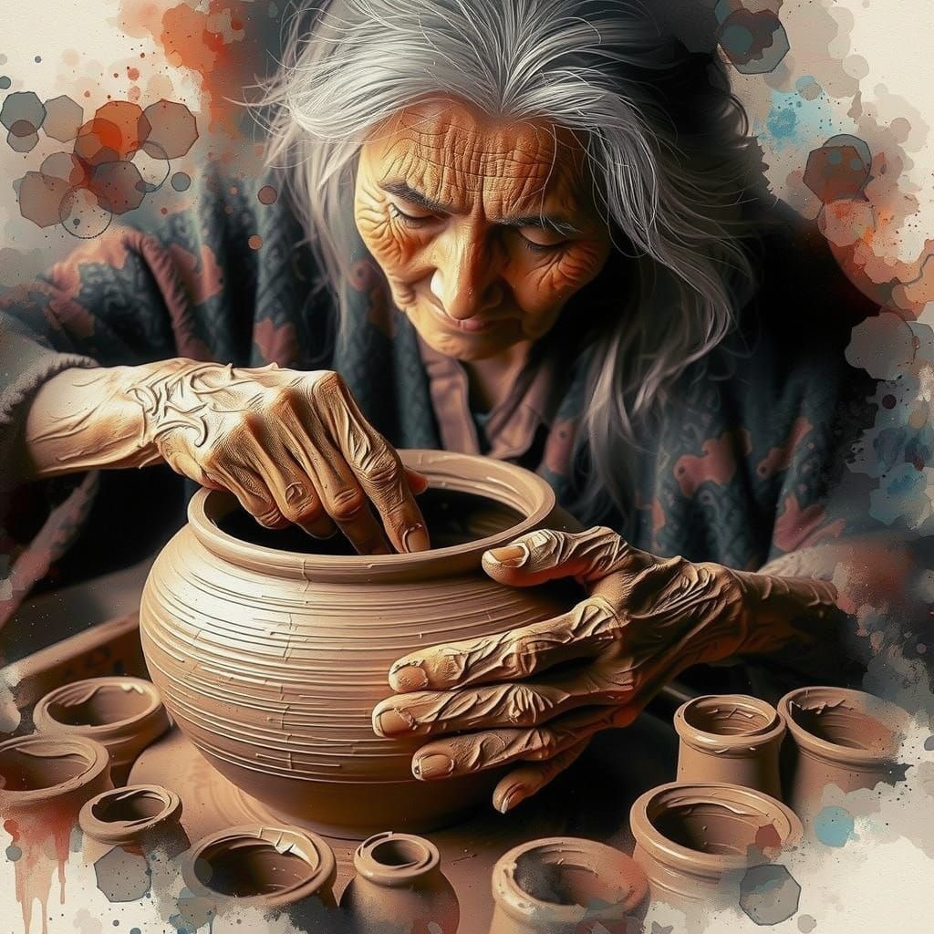 Elderly Artisan Crafting Pottery in Vibrant Mixed Media Styl...