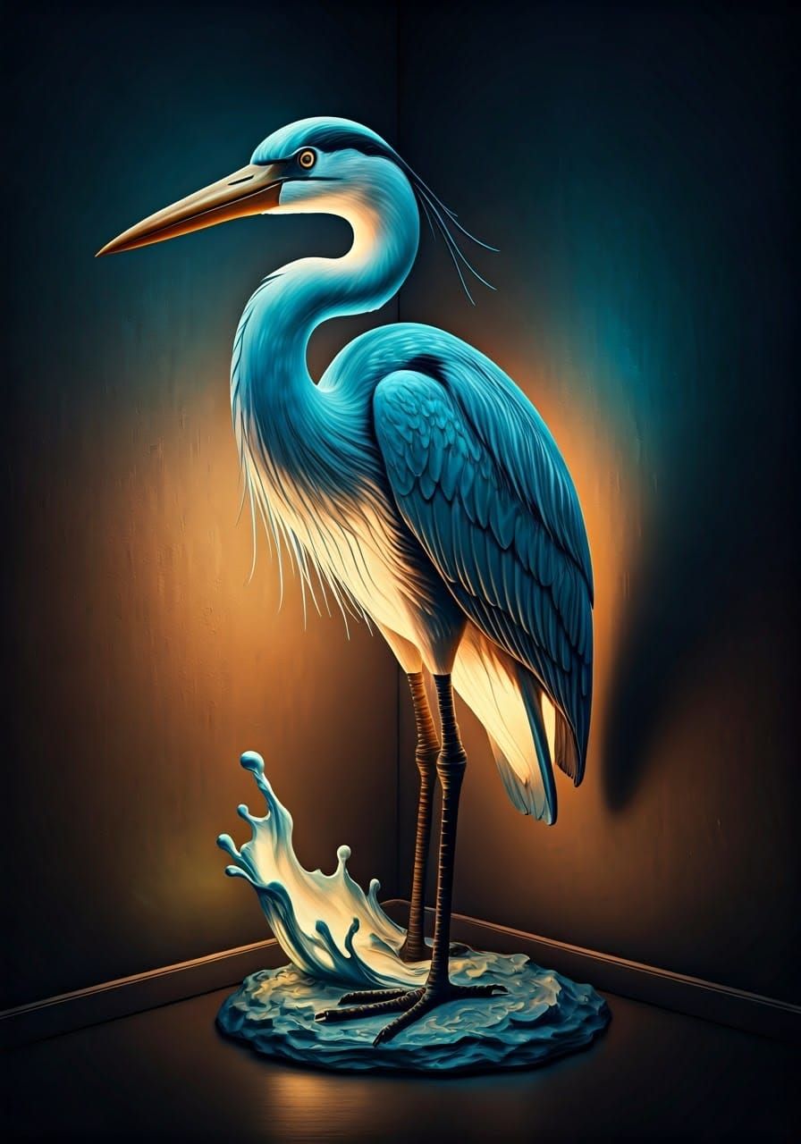 Illuminated Blue Heron Lamp in Edgy Apartment