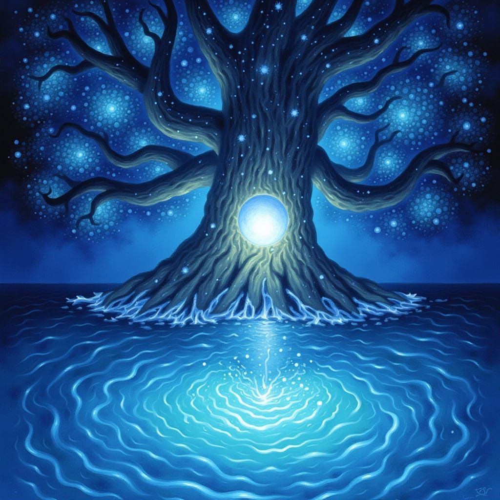 Giant Tree Weeps Moonlight Tears into Primordial Sea