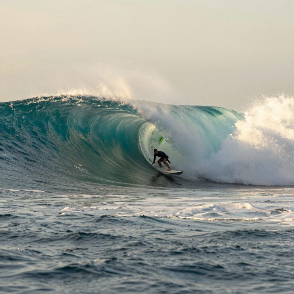 Massive Tropical Waves With Surfer at Golden Hour