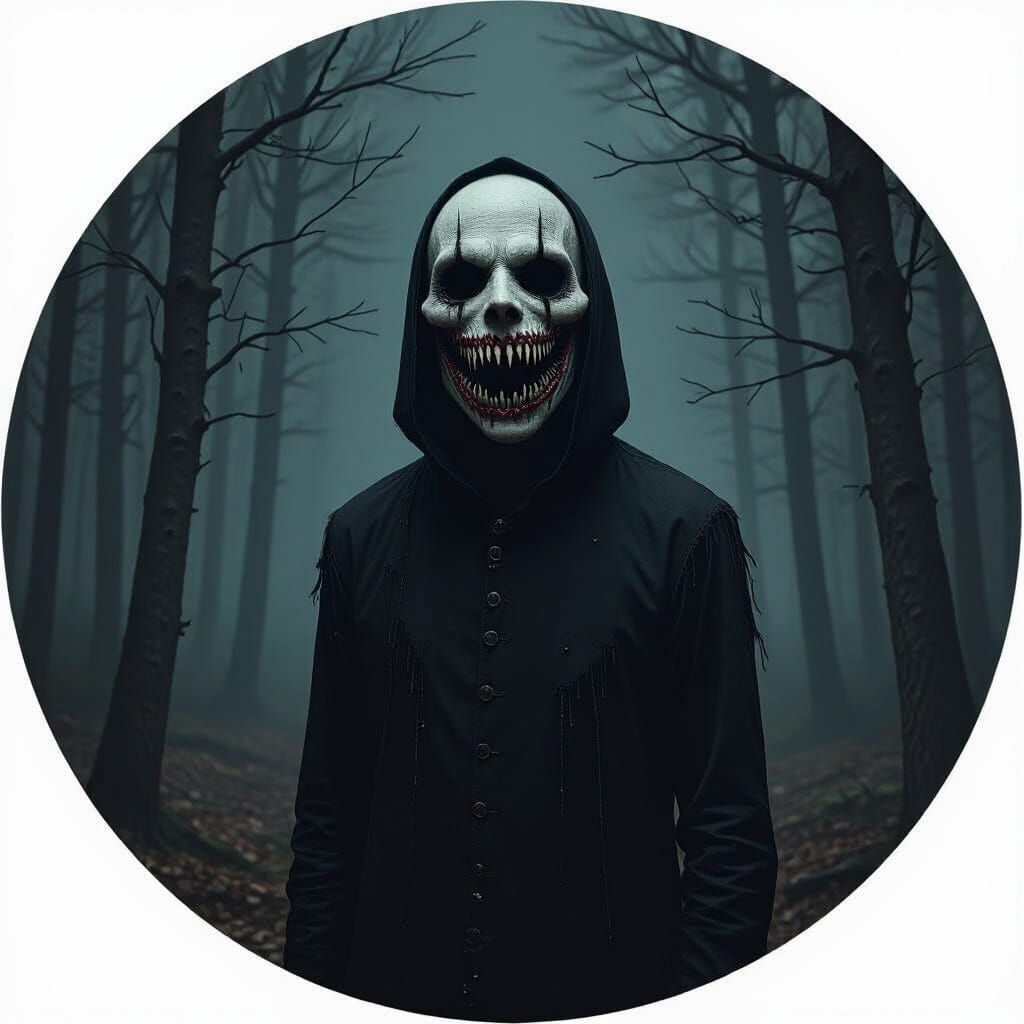 Creepy Man with Circle Mouth in Dark Woods at Night