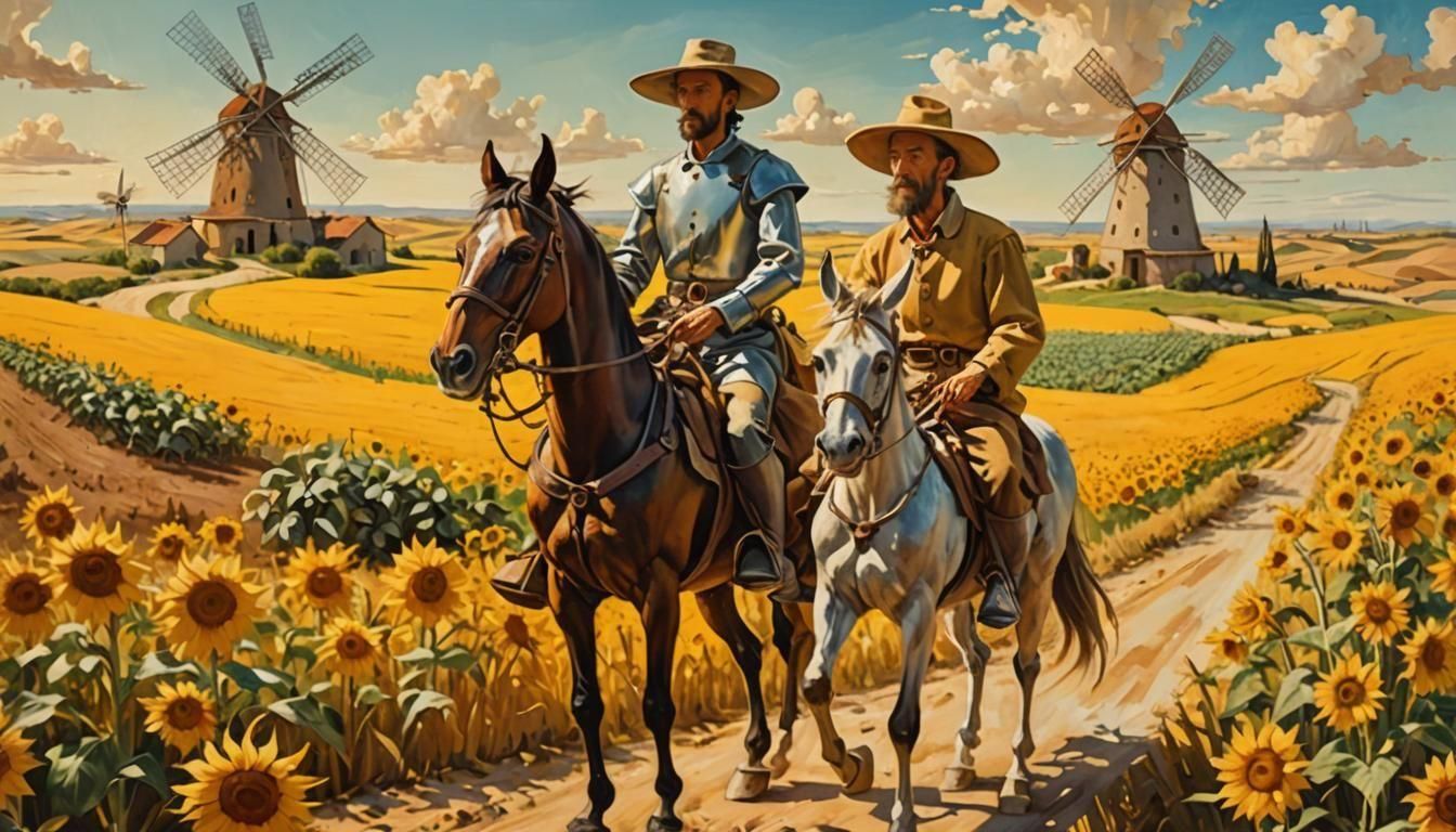Don Quixote and Sancho Panza in Surreal Landscape