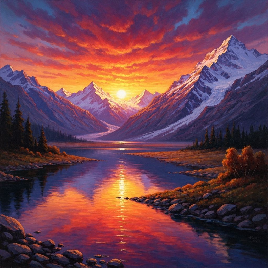 Majestic Mountain River Sunset Landscape in Roerich Style